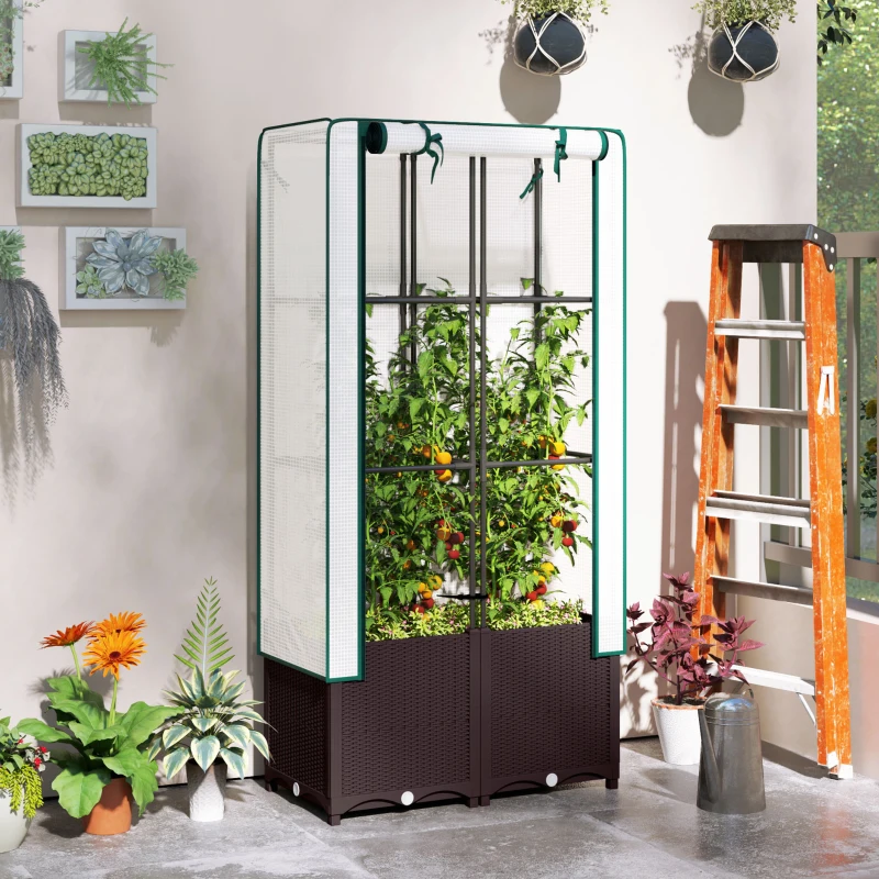 Outsunny Raised Garden Bed with Trellis, Plastic Planter Box with PE Cover, Drainage Holes, Drain Plugs and Water Reservoirs for Climbing Plants, Vegetables, Flowers, 80 x 40 x 140 cm