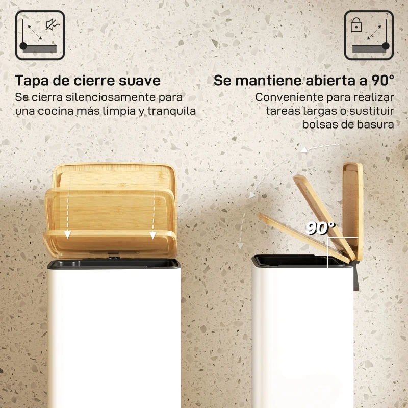 HOMCOM Cubo de Basura Cocina con Pedal 20L Tapa Cierre Suave Cubo Interior Extraíble 29,5x29,5x56,8 cm Blanco y Natural