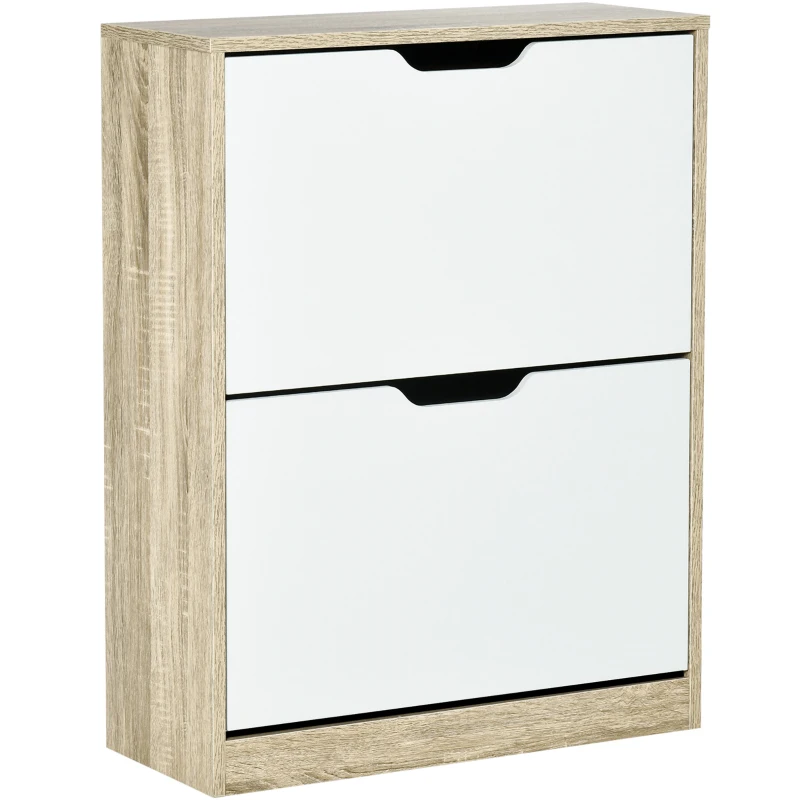 HOMCOM Meuble à chaussures 8 paires, armoire à chaussures étroite, 2 tiroirs rabattables, chêne et blanc
