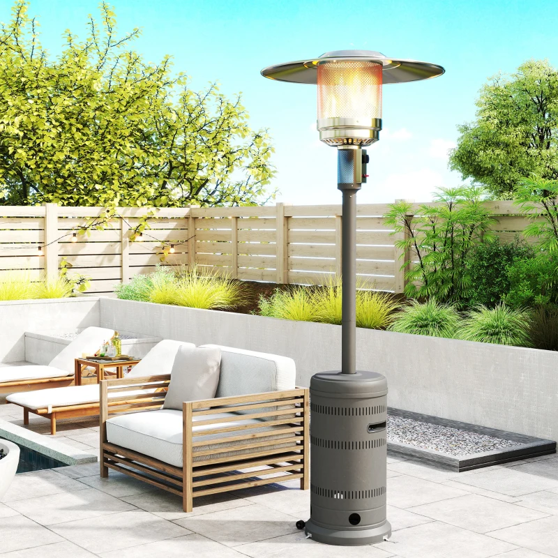 Outsunny Estufa de Gas Butano Portátil 13000W con Sistema Antivuelco Encendido Piezoeléctrico y Ruedas 82x82x222 cm Gris