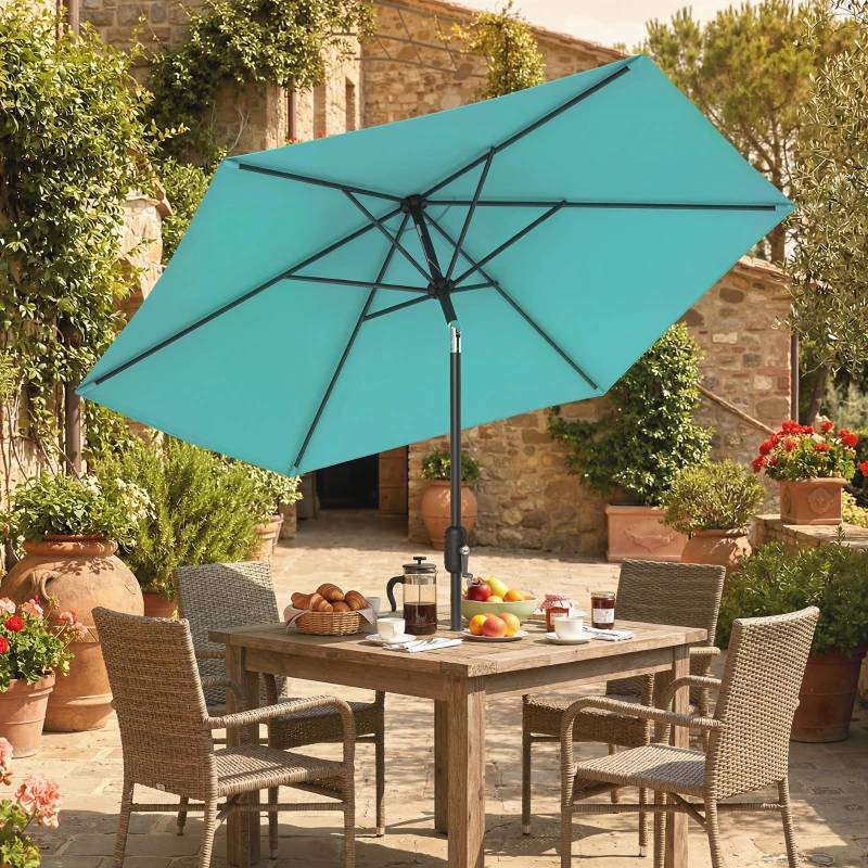 Outsunny 2.6 m Garden Parasol Umbrella with Aluminium Pole, Outdoor Patio Umbrella with Tilt and Crank, Vent, Turquoise