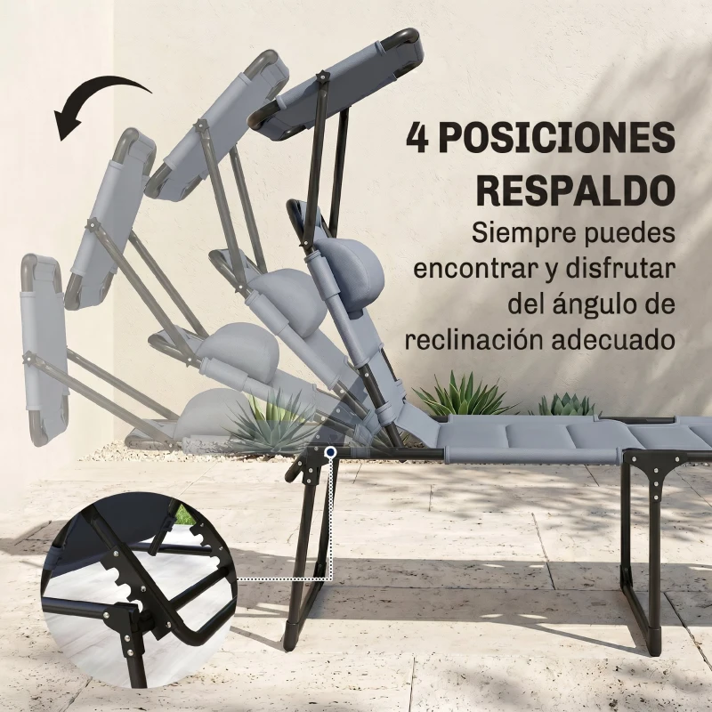 Outsunny Tumbona de Jardín con Toldo Ajustable Respaldo Regulable en 4 Niveles Reposacabezas para Terraza 70x200x45 cm Gris