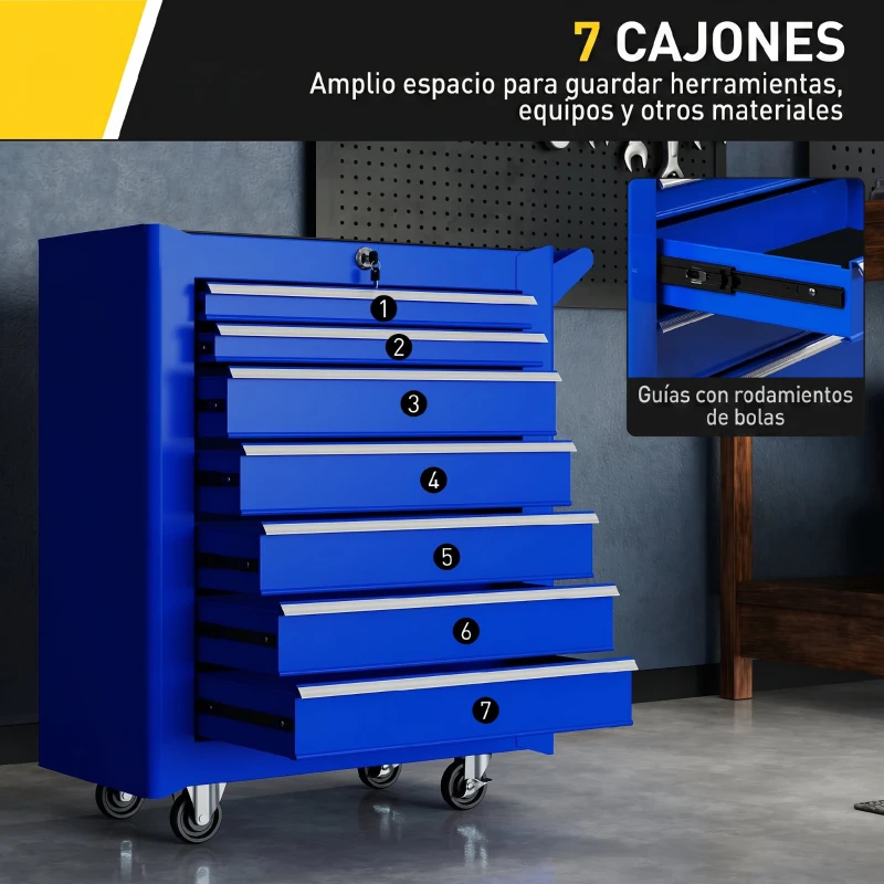 DURHAND Carro de Herramientas con 7 Cajones Cerradura Asa 2 Ruedas con Freno de Bloqueo para Garaje Hogar Azul