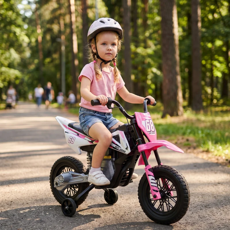 AIYAPLAY Kids Electric Motorcycle, 12V Ride On Motorbike with Training Wheels, Soft Start, Suspension, Music for 3–6 Years, Pink