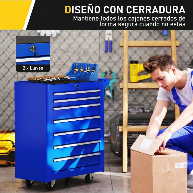 DURHAND Carro de Herramientas con 7 Cajones Cerradura Asa 2 Ruedas con Freno de Bloqueo para Garaje Hogar Azul