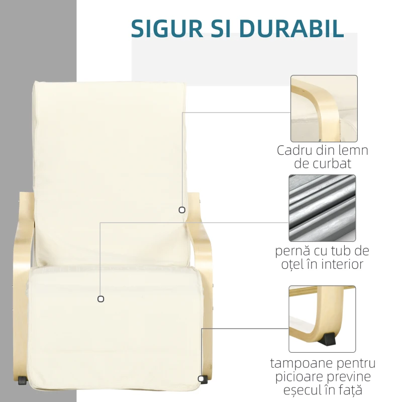 HOMCOM Fotoliu Relax cu Suport pentru Picioare Reglabil pe 5 Niveluri și Tetieră, Cadru din Lemn de Mesteacăn și Țesătură, 66,5x94x100 cm, Crem