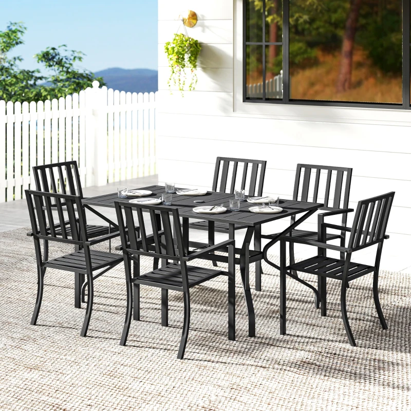 Outsunny 7 Pieces Garden Table and Chairs 6 Seater Outdoor Table and Chairs with Umbrella Hole, for Poolside, Garden, Black