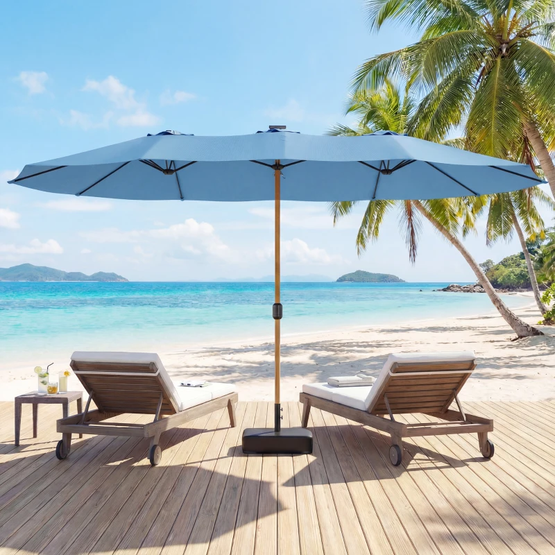 Outsunny Parasol de jardin double 5 x 3 m parasol de jardin extérieur avec base incluse, manivelle, protection UV, bleu
