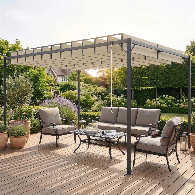 Outsunny Pérgola de Jardín 3x4 m con Protección UPF 50+ Gazebo con Techo Ajustable Estructura de Metal para Exterior Crema