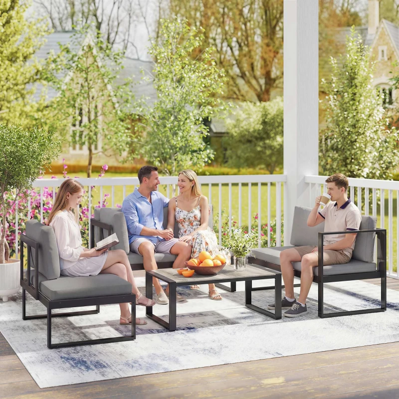 Outsunny Salon de Jardin Extérieur d'Angle 5 Personnes avec 2 Canapés, Chaise Sans Accoudoirs, Table Basse, Gris Foncé