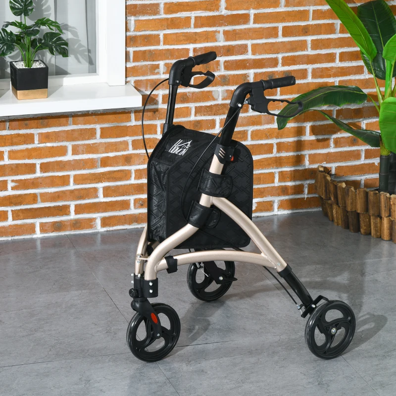 HOMCOM 3 Wheel Rollator, Lightweight Aluminium Tri Walker with Adjustable Handle, Storage Bag and Dual Brakes, Folding Mobility Walking Aid for Elderly, Handicapped, 5.3kg, Gold Tone