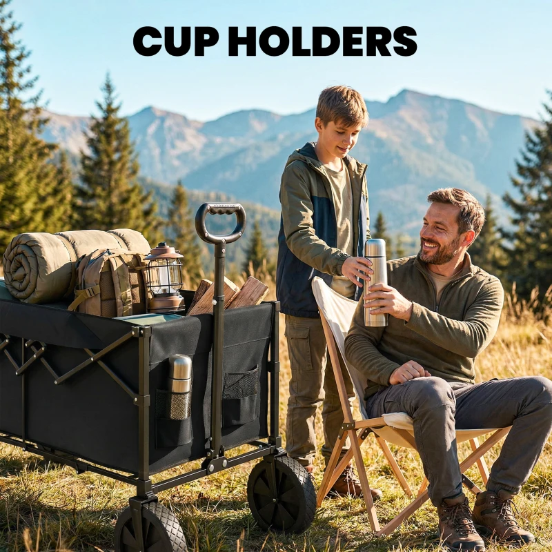 Outsunny 95L Foldable Festival Trolley on Wheels, Collapsible Wagon Cart with Adjustable Handle and 2 Cup Holders, Black