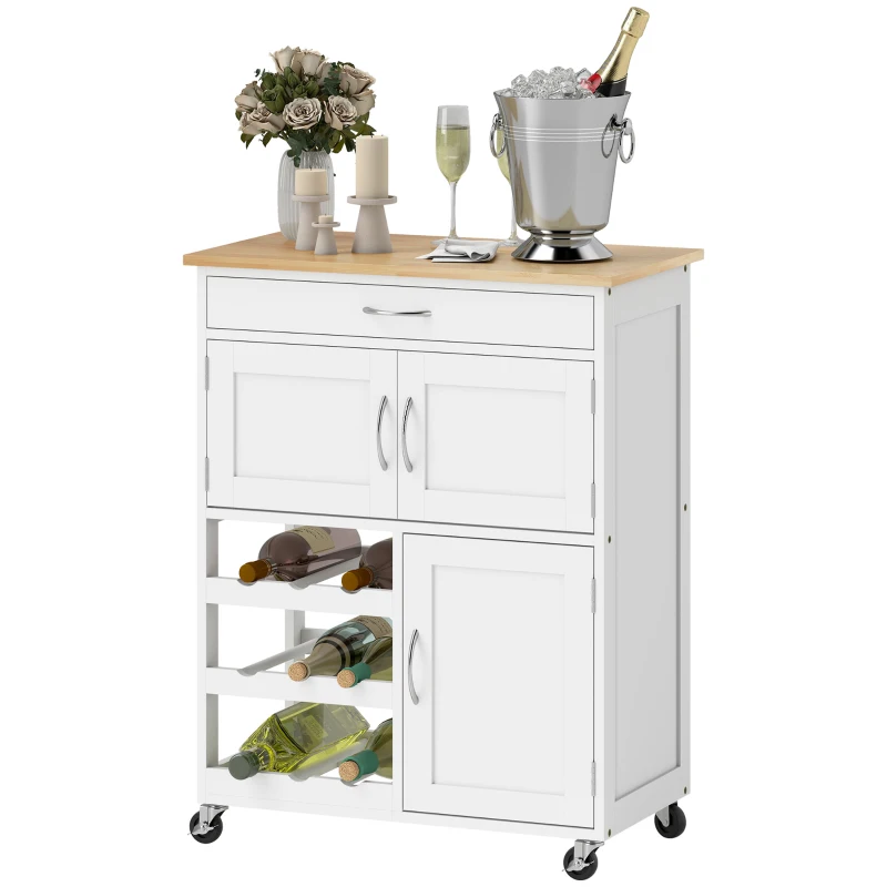 HOMCOM Desserte de cuisine multi rangements 2 placards tiroir casier 9 bouteilles MDF blanc plateau bois caoutchouc