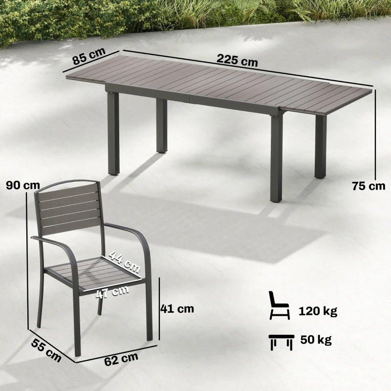 Outsunny Salon de Jardin 8 Personnes Table de Jardin Extensible 150-225cm avec Plateau Polybois et 8 Chaises Empilables Alu. Gris