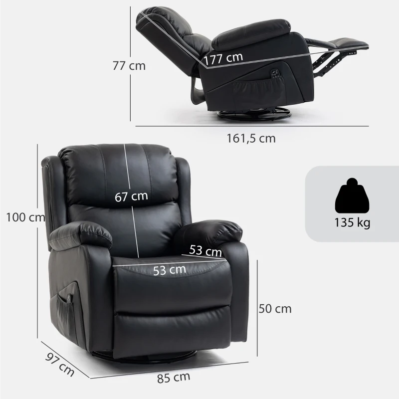 HOMCOM Poltrona Relax Reclinabile con 8 Punti Massaggianti, Riscaldanti e Poggiapiedi, 87x97X100 cm, Nero