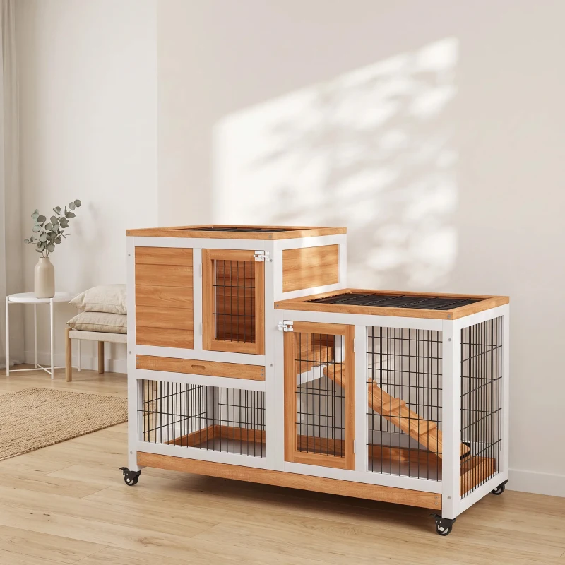 PawHut Clapier Lapin Intérieur sur Roulettes 2 Niveaux, Enclos, Rampe, 2 Portes Verrouillables, 2 Plateaux, 110x50x88cm, Jaune