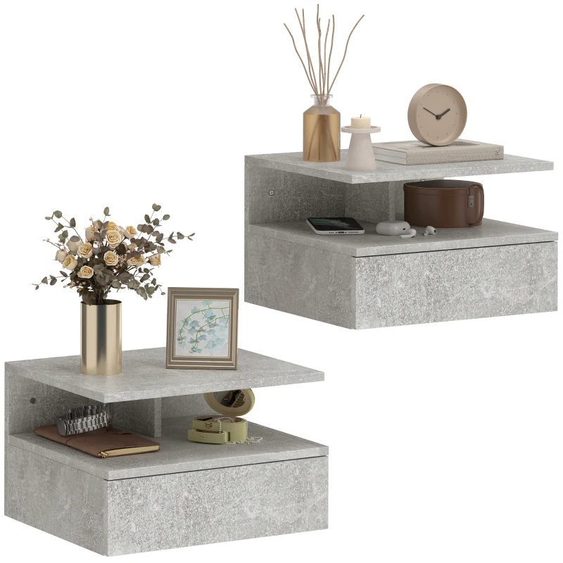 HOMCOM Lot de 2 tables de chevet murales, tables de nuit suspendues avec tiroir, compartiment ouvert, 35x32x22,5cm, gris giment
