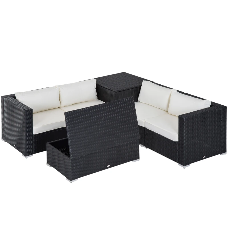 Outsunny 6 Pieces Rattan Garden Furniture Set, 4 Seater Wicker Garden Corner Sofa Set with 2 Storage Tables and Loveseats, Outdoor Conversation Furniture with Cushions for Conservatory, Patio, Black