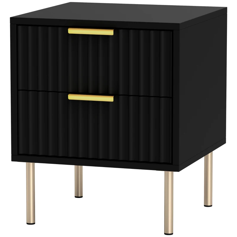 HOMCOM Table de chevet, table de nuit cannelée avec 2 tiroirs et pieds en acier, pour chambre à coucher, salon, noir