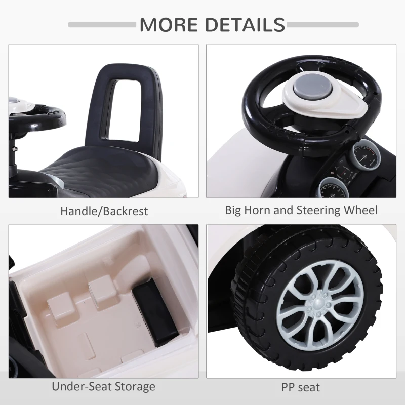 HOMCOM 3-in-1 Ride On Car Foot To Floor Slider Toddler w/ Horn Steering Wheel NO POWER Manual Under Seat Storage Secure Design for 1-3 Year Old White