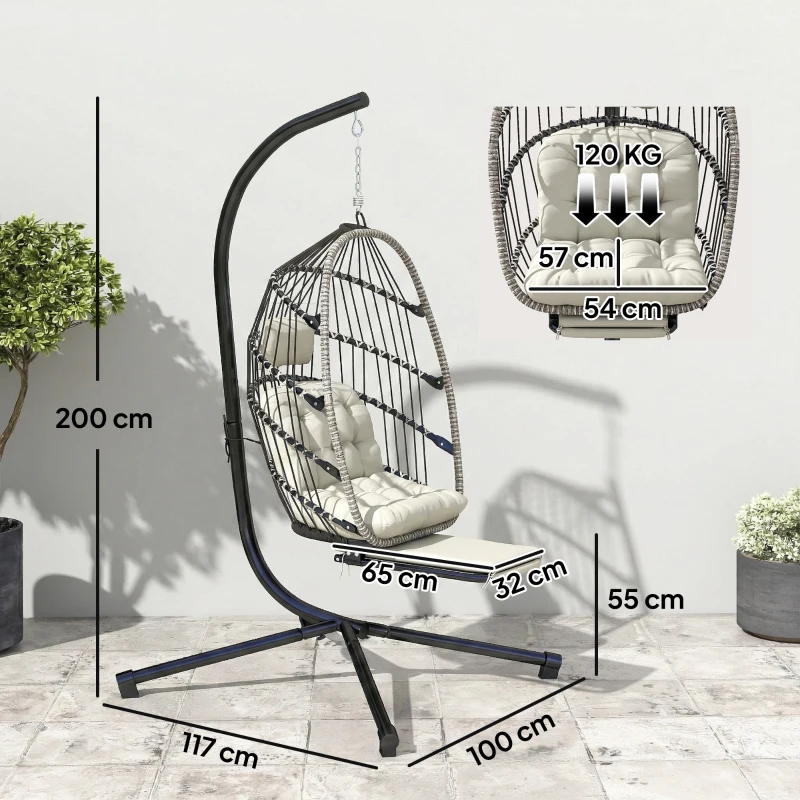 Outsunny Fauteuil suspendu avec support, chaise suspendue pliante avec repose-pieds rétractable, gris clair