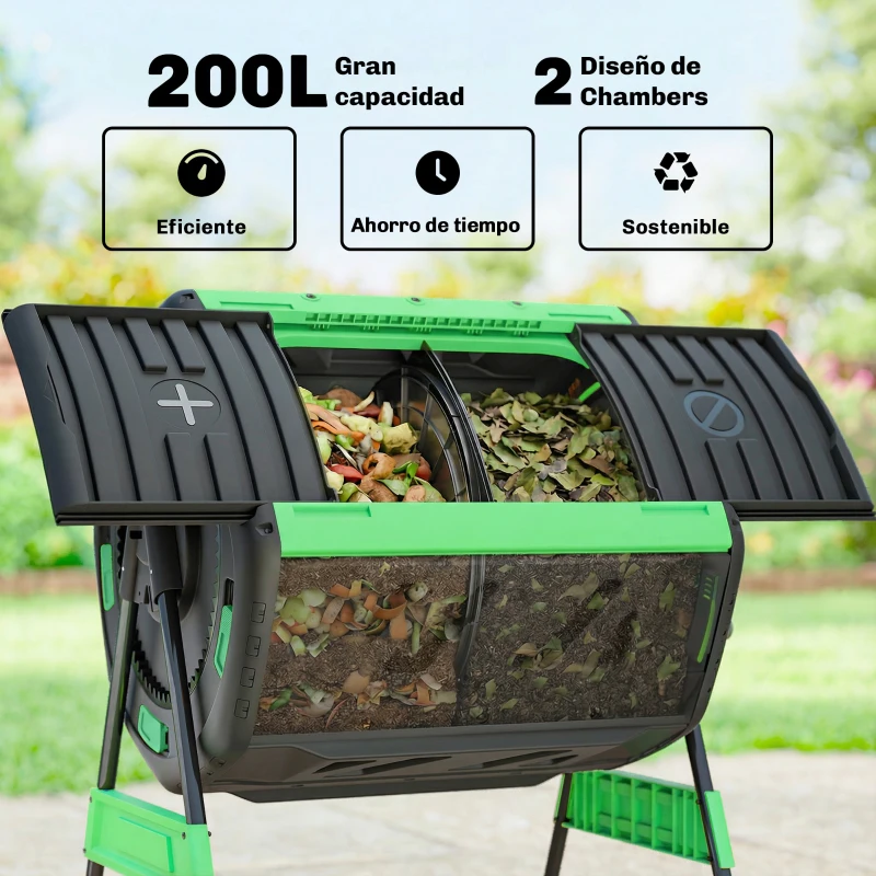 Outsunny Compostador Giratorio 200L con Sistema de Ventilación y Base de Metal para Compostaje de Residuos Orgánicos Verde