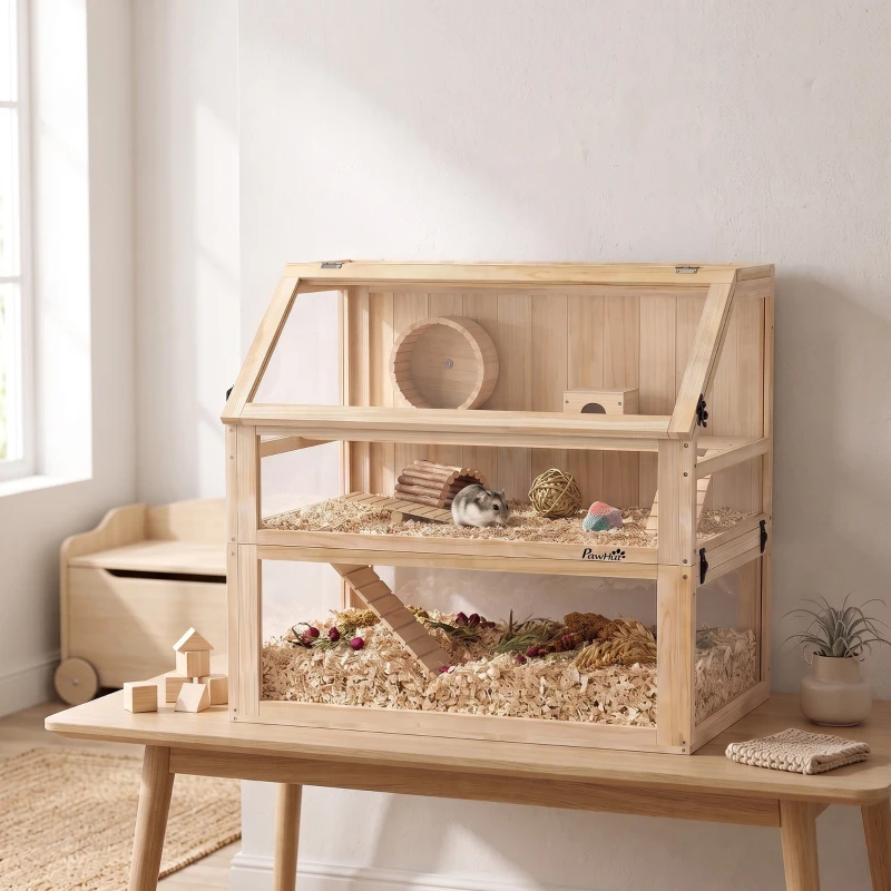 PawHut Hamsterkäfig aus Holz 3 Etagen Nagarium Nagerkäfig mit klappbarem Deckel Laufrad 80 x 50 x 76 cm Naturholz(m-2)