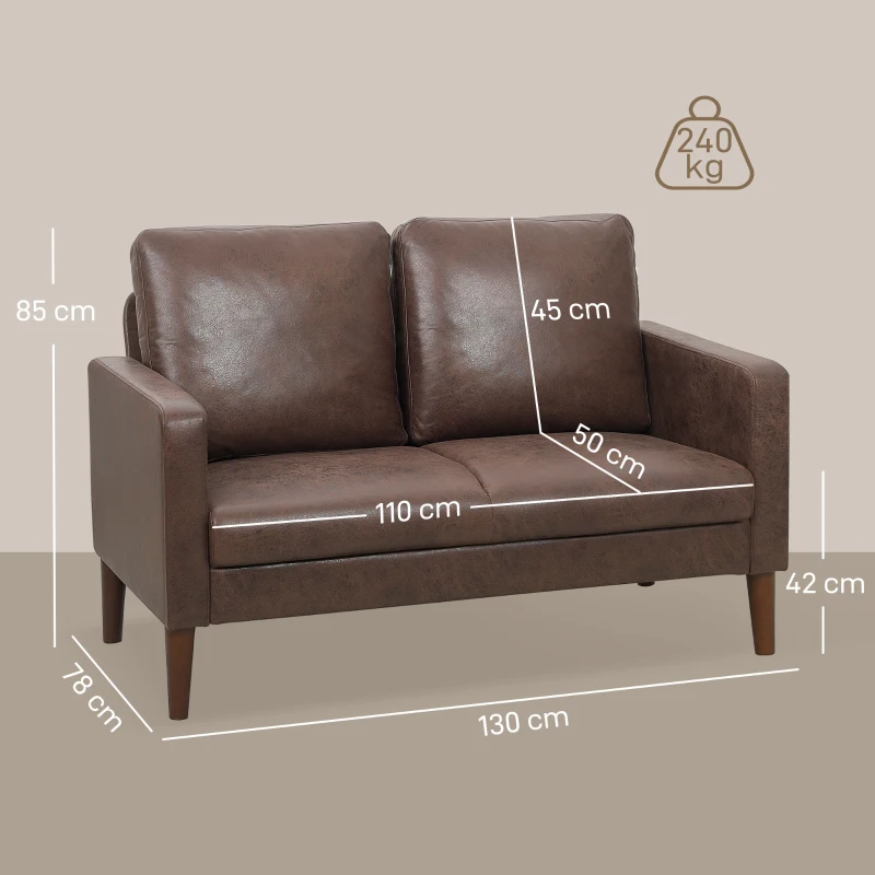HOMCOM Canapé 2 Places Canapé de Salon 130 cm, Coussin à Ressorts et Pieds en Bois d'Hévéa, Tissu en Microfibre, Marron Foncé