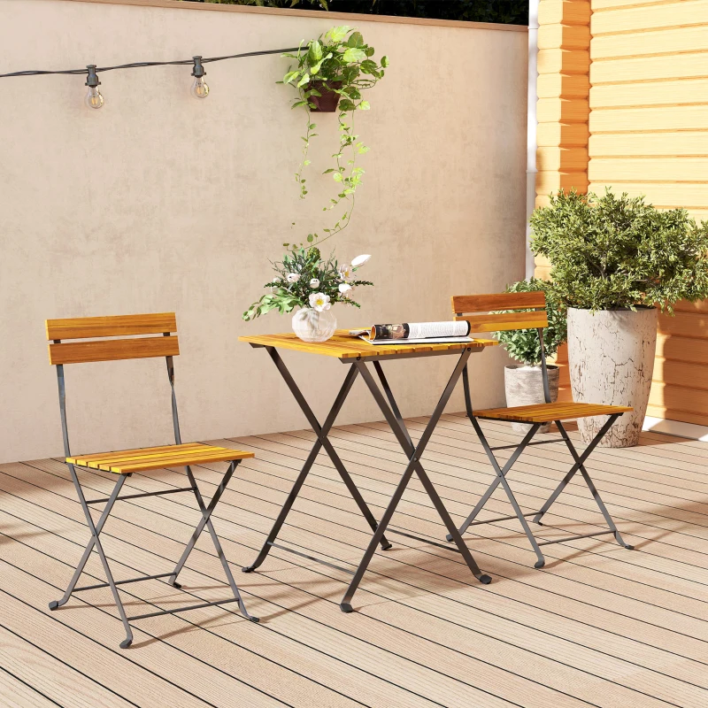 Outsunny Ensemble bistrot de jardin 3 pièces avec 2 chaises et table basse en bois d'acacia et acier effet bois naturel