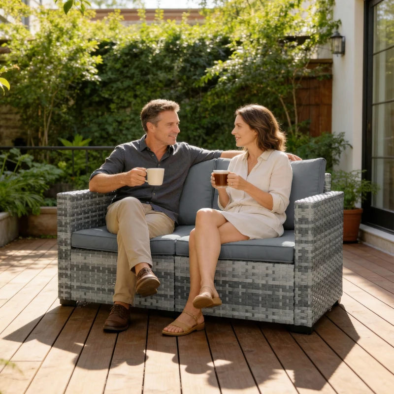 Outsunny 2 Seater Rattan Sofa, Outdoor Garden Sofa with Deep Seat, Cushions, Wide Armrests for Patio, Balcony, Porch, Mixed Grey