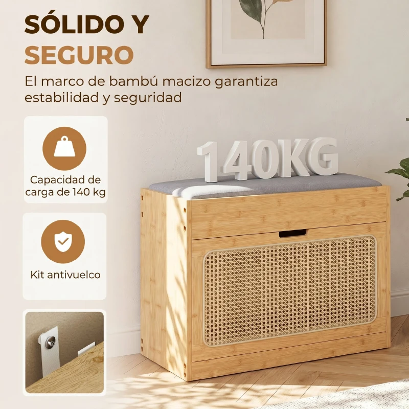 HOMCOM Banco Zapatero Recibidor con Asiento Acolchado Cajón Abatible Puerta de Ratán Estante Ajustable para Entrada Natural