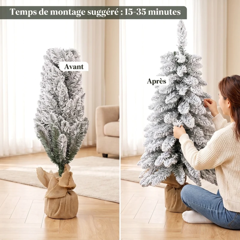 HOMCOM Sapin de Noël Artificiel 90 cm, 107 Embouts de Branches Enneigés en PVC, Base en Toile de Jute, Montage Rapide, Blanc