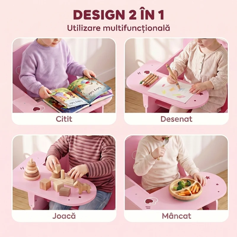 AIYAPLAY Set Masă și Scaune pentru Copii pentru 3-5 Ani cu Spațiu de Depozitare, Roz