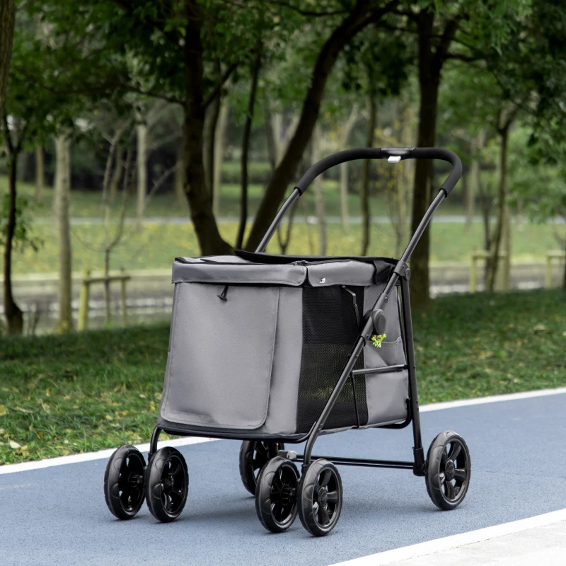 PawHut Dog Pram Dog Stroller 4 Wheels Pet Pushchair with Rolling Door, Cushion, Safety Leashes, for Small and Medium Dogs, Grey