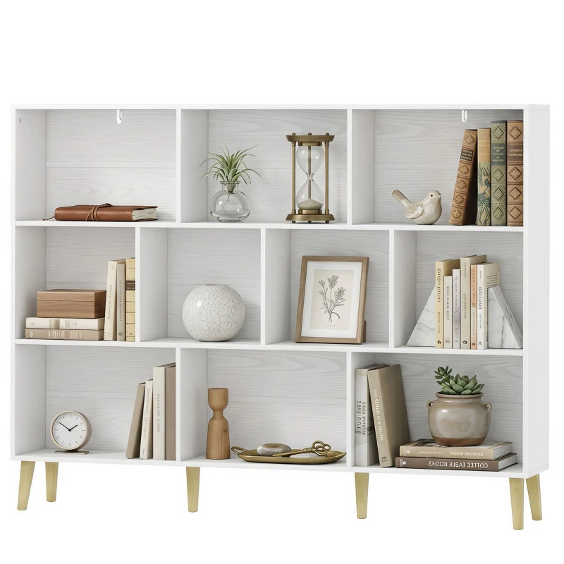 HOMCOM Librería de 3 Niveles con 10 Cubos Patas de Madera Maciza 140x24x107 cm Blanco
