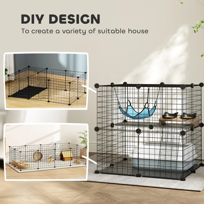 PawHut Indoor Cat Cage DIY Customizable 2-Tier Indoor Cat Enclosure with 2 Doors and Hammock 70 cm Black