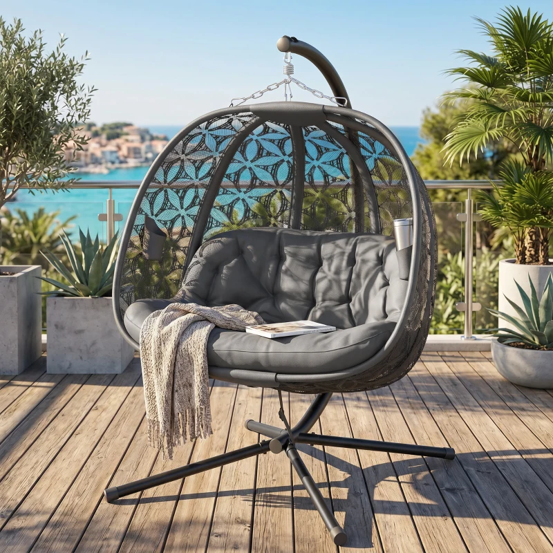 Outsunny Outdoor Double Hanging Chair with Cushion and Cup Holders, Charcoal Grey