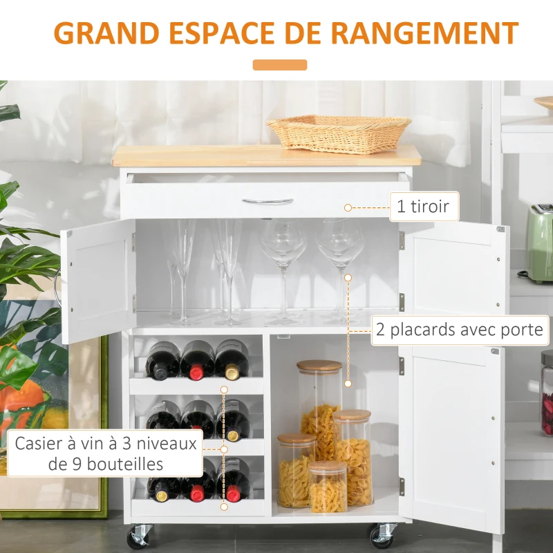 HOMCOM Desserte de cuisine multi rangements 2 placards tiroir casier 9 bouteilles MDF blanc plateau bois caoutchouc