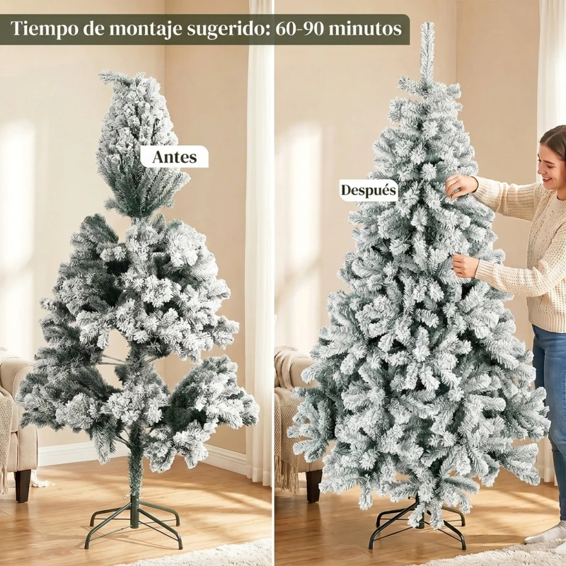 HOMCOM Árbol de Navidad Nevado de 220 cm con 1000 Puntas de PVC Ignífugo Ramas Articuladas Montaje Rápido Verde y Blanco