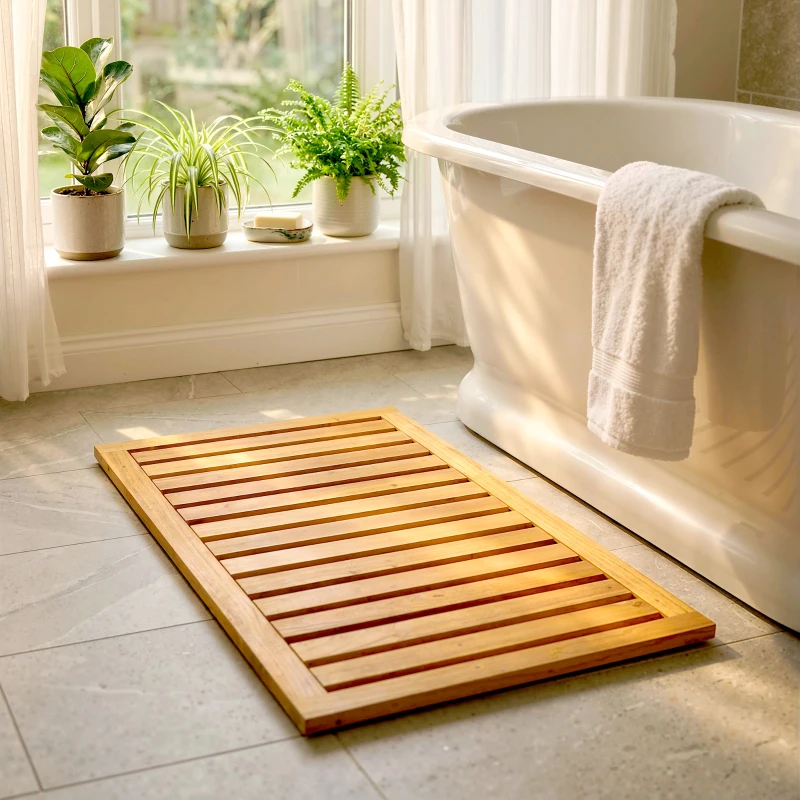 Outsunny Alfombrilla de Ducha de Madera de Acacia 91x51 cm Alfombra Antideslizante para Baño Spa o Piscina Natural