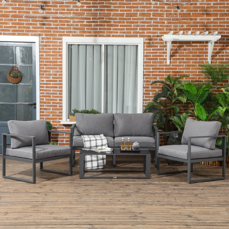 Outsunny 4 Pieces Garden Sofa Set, Including 2 Single Armchairs, 1 Bench & Side Table, Aluminium Frame Patio Furniture with Cushions, Grey
