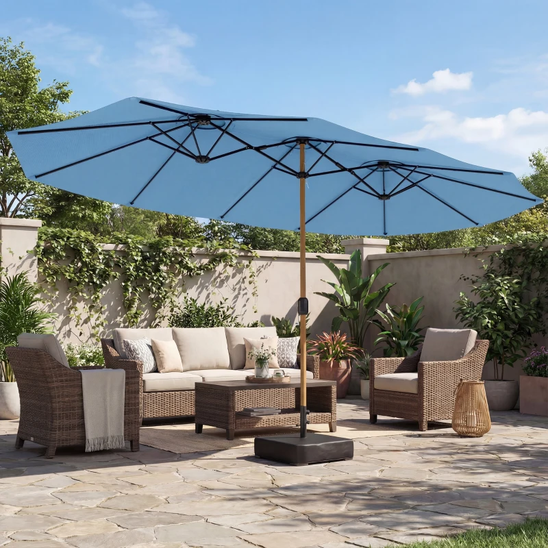 Outsunny Parasol de jardin double 5 x 3 m parasol de jardin extérieur avec base incluse, manivelle, protection UV, bleu