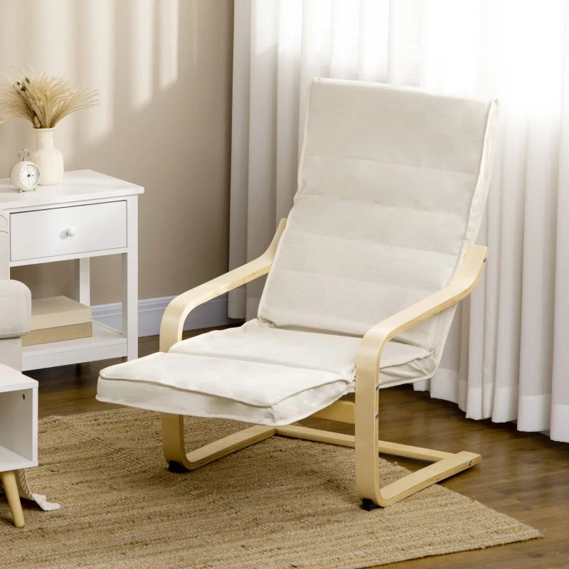 HOMCOM Fotoliu Relax cu Suport pentru Picioare Reglabil pe 5 Niveluri și Tetieră, Cadru din Lemn de Mesteacăn și Țesătură, 66,5x94x100 cm, Crem