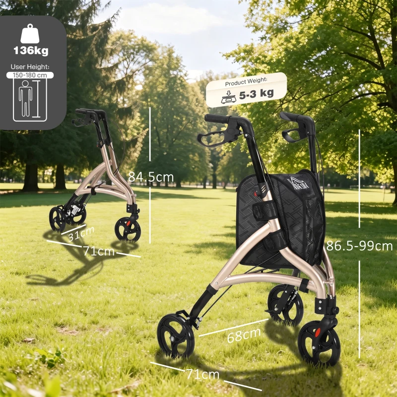 HOMCOM 3 Wheel Rollator, Lightweight Aluminium Tri Walker with Adjustable Handle, Storage Bag and Dual Brakes, Folding Mobility Walking Aid for Elderly, Handicapped, 5.3kg, Gold Tone