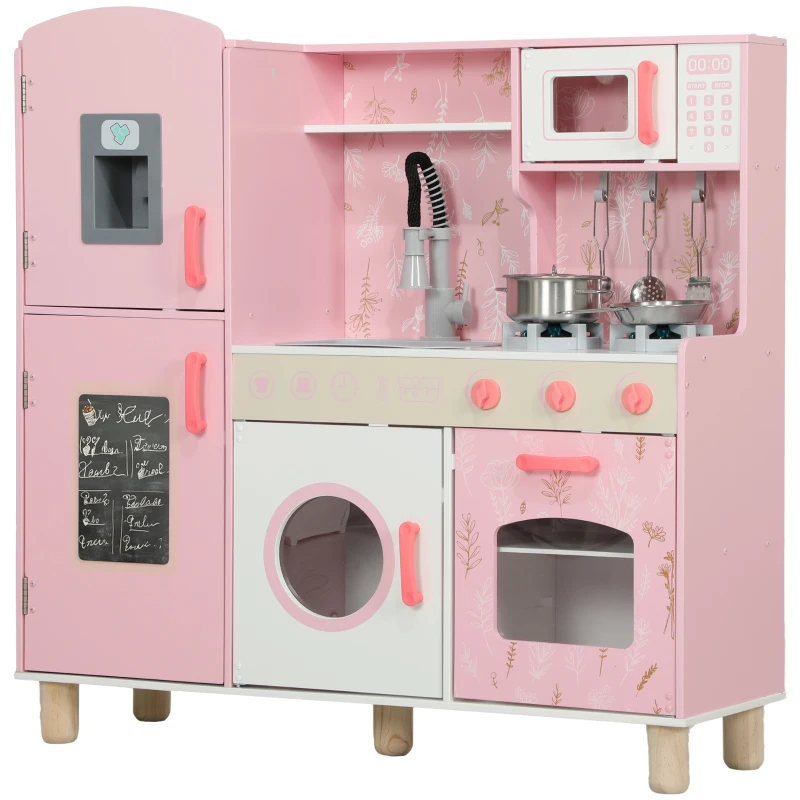 AIYAPLAY Cuisine Enfant avec Glaçons, Micro-ondes, Four, Plaque, Évier, Machine à Laver, Tableau, 90x 33,3x91,6cm, Rose
