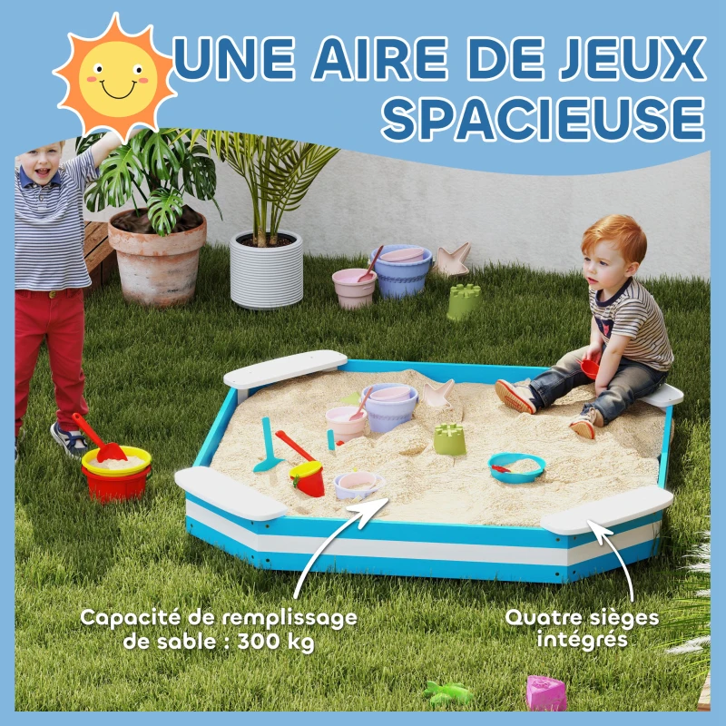 AIYAPLAY Bac à sable en bois, bac à sable pour enfants 3-6 ans avec 4 sièges, 133 x 133 x 16 cm, bleu