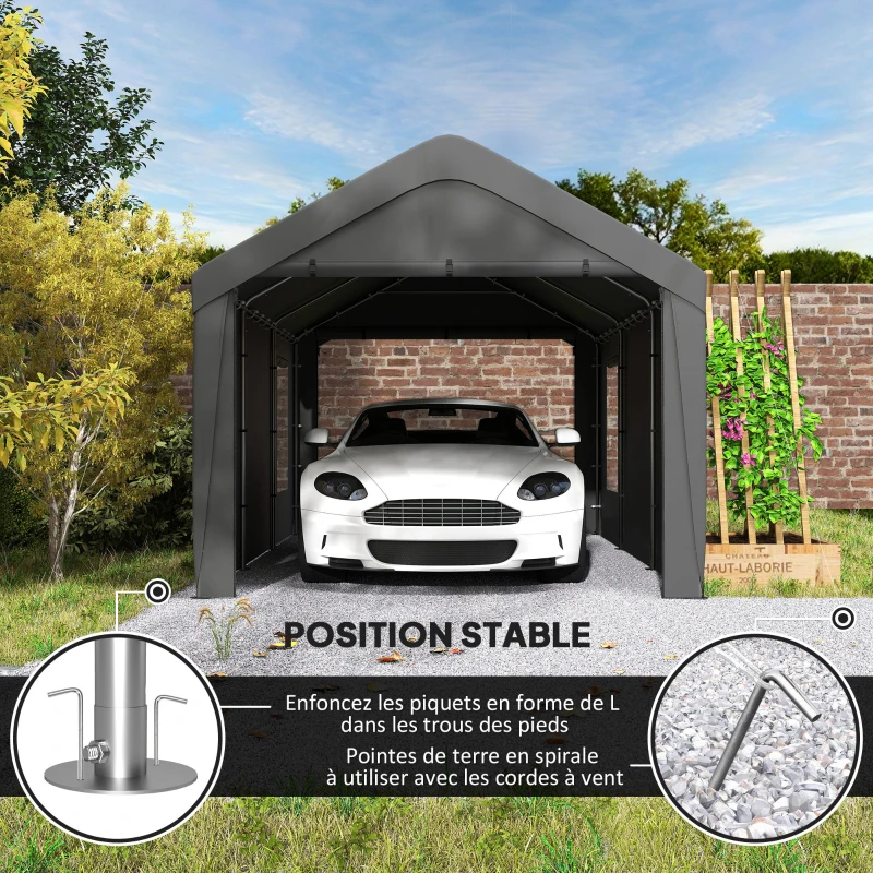 Outsunny Carport tente de garage 3 x 6 m avec parois latérales amovibles, 2 portes enroulables et 4 fenêtres, gris foncé