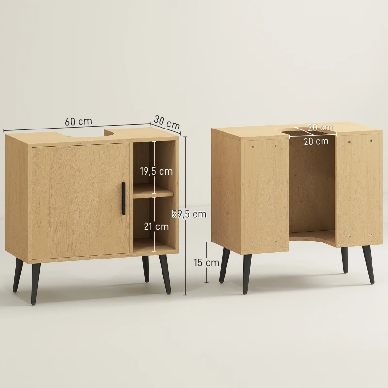 HOMCOM Meuble sous lavabo salle de bain avec porte à fermeture progressive et étagère réglable, 60 x 30 x 59,5 cm, chêne