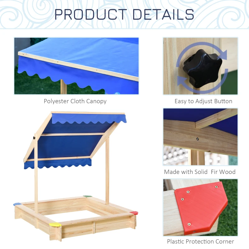 Outsunny Sandpit, Kids Wooden Sandbox with Adjustable Canopy, Bench Seats & Protective Corners for 3-6 Years Boys Girls, 120x120x120cm