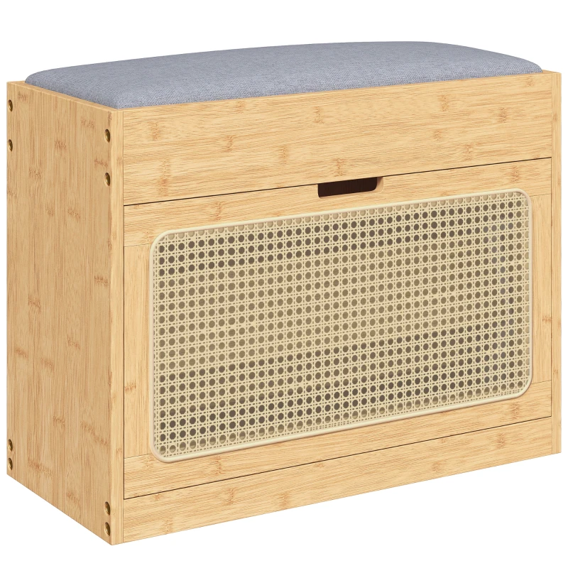 HOMCOM Banco Zapatero Recibidor con Asiento Acolchado Cajón Abatible Puerta de Ratán Estante Ajustable para Entrada Natural
